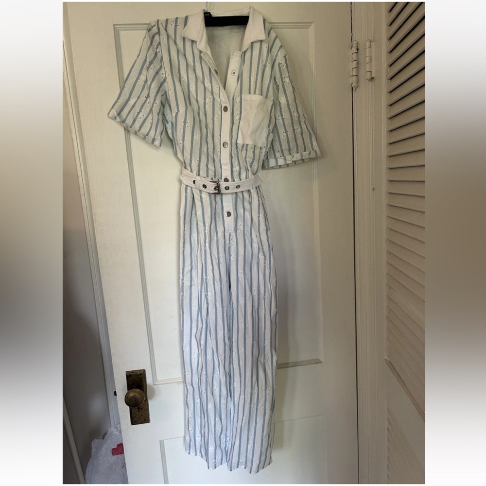 For Love And Lemons blue and white striped belted jumpsuit